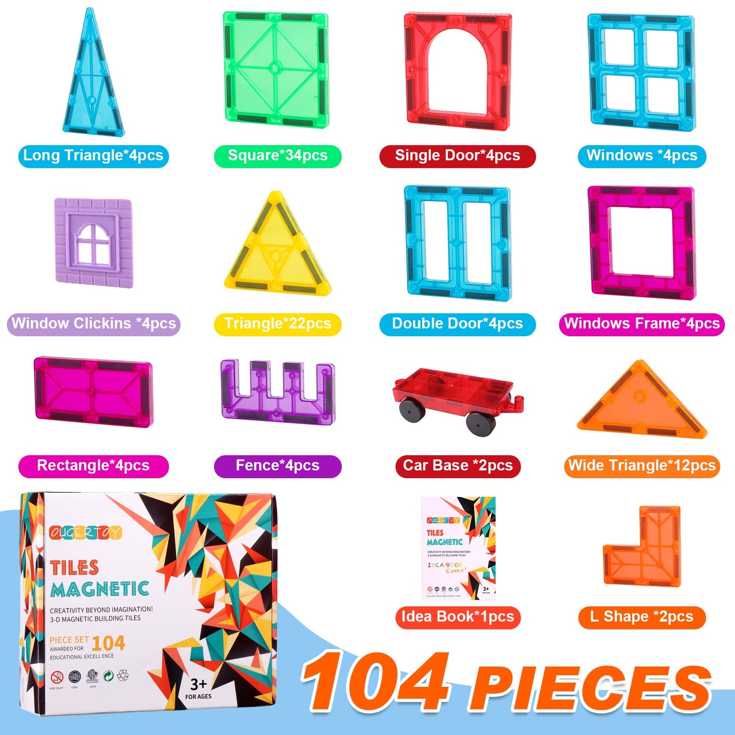 OugerToy Magnetic Building Tiles 104PCS - Multicolor Educational STEM Toys for Kids Ages 3-9, Model: Ougertoy-104