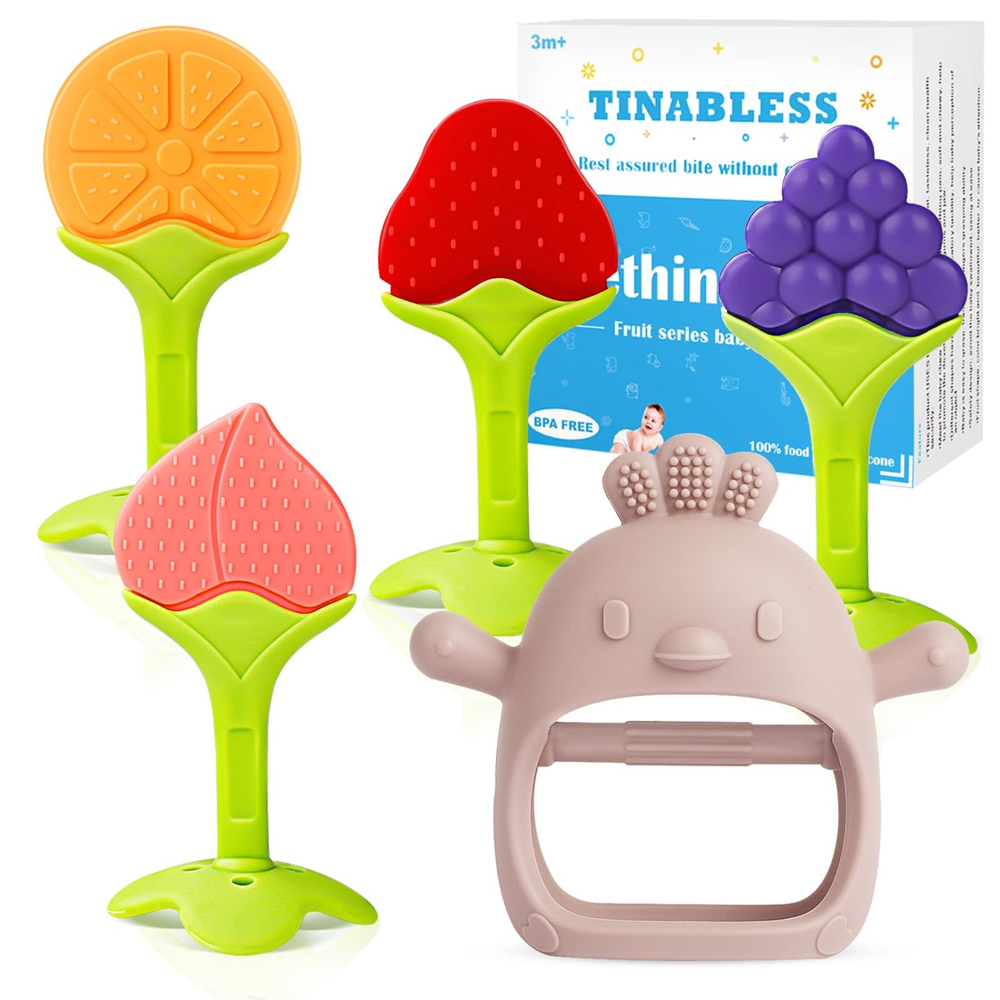 Teething Toys (5 Pack) - Tinabless Infant Teething Relief Toys&Teething Mitten Set, Food Grade Silicone Anti Dropping Wrist Hand
