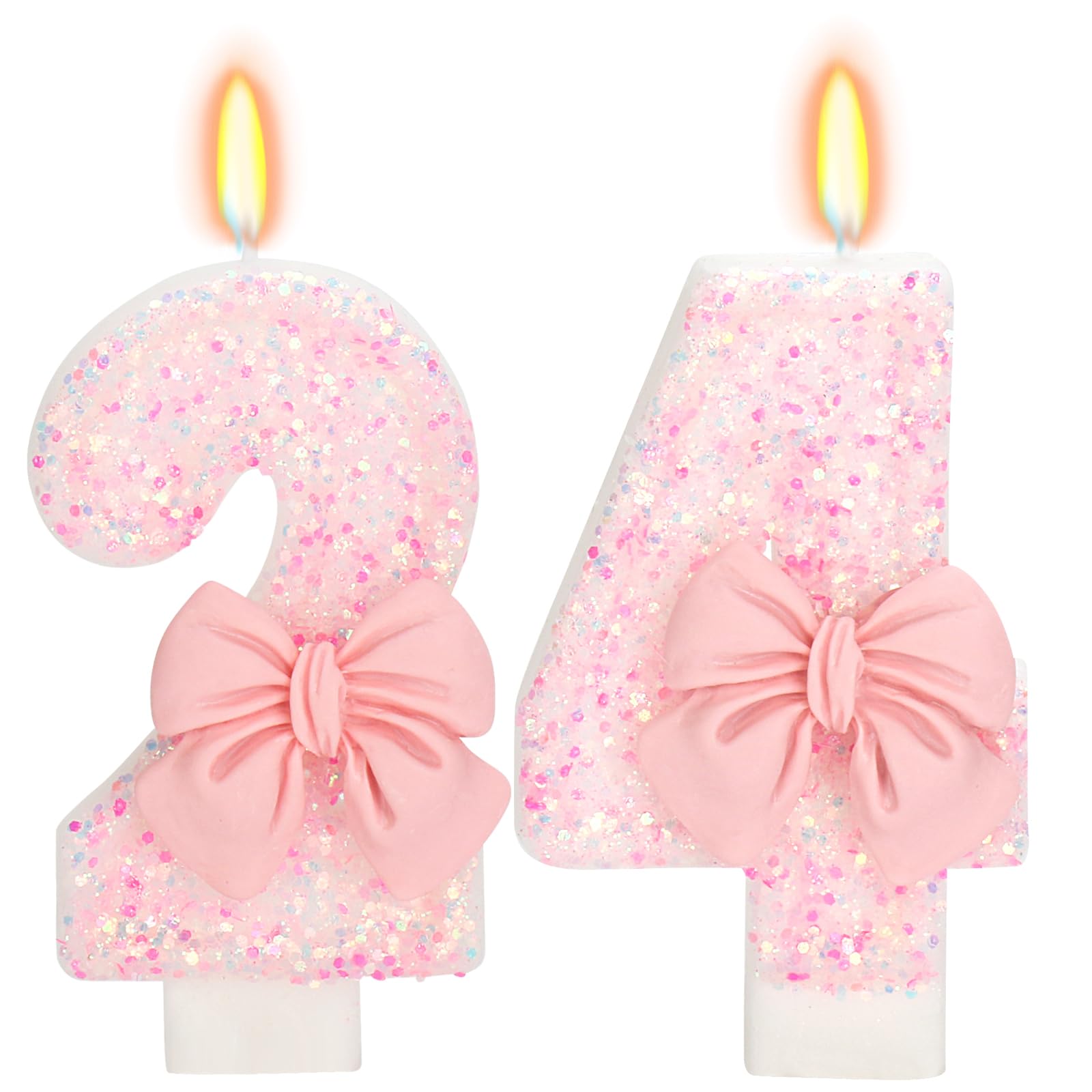 ElekFX 24th Birthday Candles for Cake, Pink Bow Number Cake Candles, 2.76 inch Number Happy Birthday Candle, Cake Topper Decorat