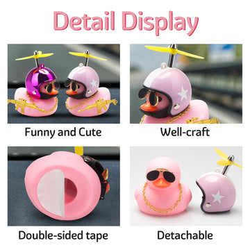 Wonuu Rubber Duck Car Ornaments Set - Pink Dashboard Decorations With Propeller Helmet, Sunglasses, and Gold Chain (W-Pink Hat W