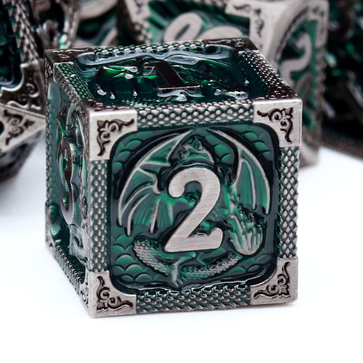 Haxtec DND Dice Set Metal D&D Dice Set with Leather Dice Bag Antique Iron Green Metal Polyhedral Dice for Dungeons and Dragons T