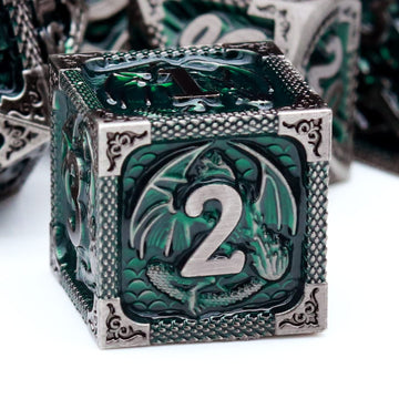 Haxtec DND Dice Set Metal D&D Dice Set with Leather Dice Bag Antique Iron Green Metal Polyhedral Dice for Dungeons and Dragons T