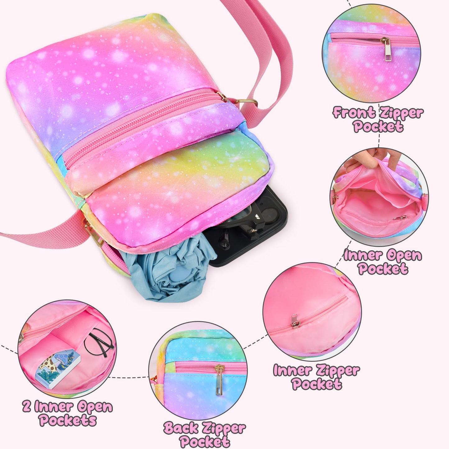 Girls Crossbody Purses For Kids Age 4-12 Purse For Little Girl Small Messenger Bag Cute Shoulder Bag Christmas Gifts Rainbow Pur