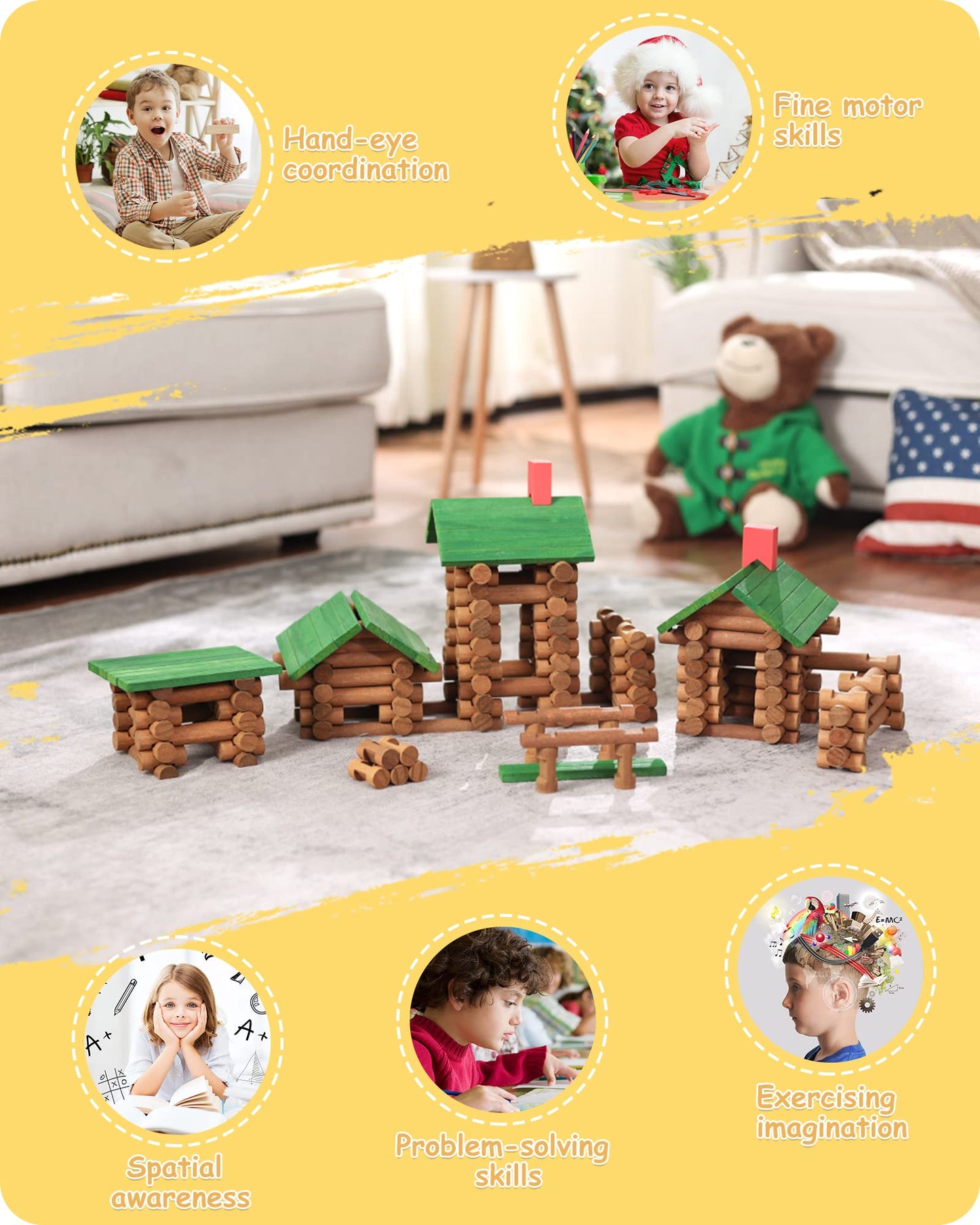 SainSmart Jr. Wooden Log Cabin Building Toy Set, 300 PCS STEM Kit for Toddlers, Brown, Model 20-353