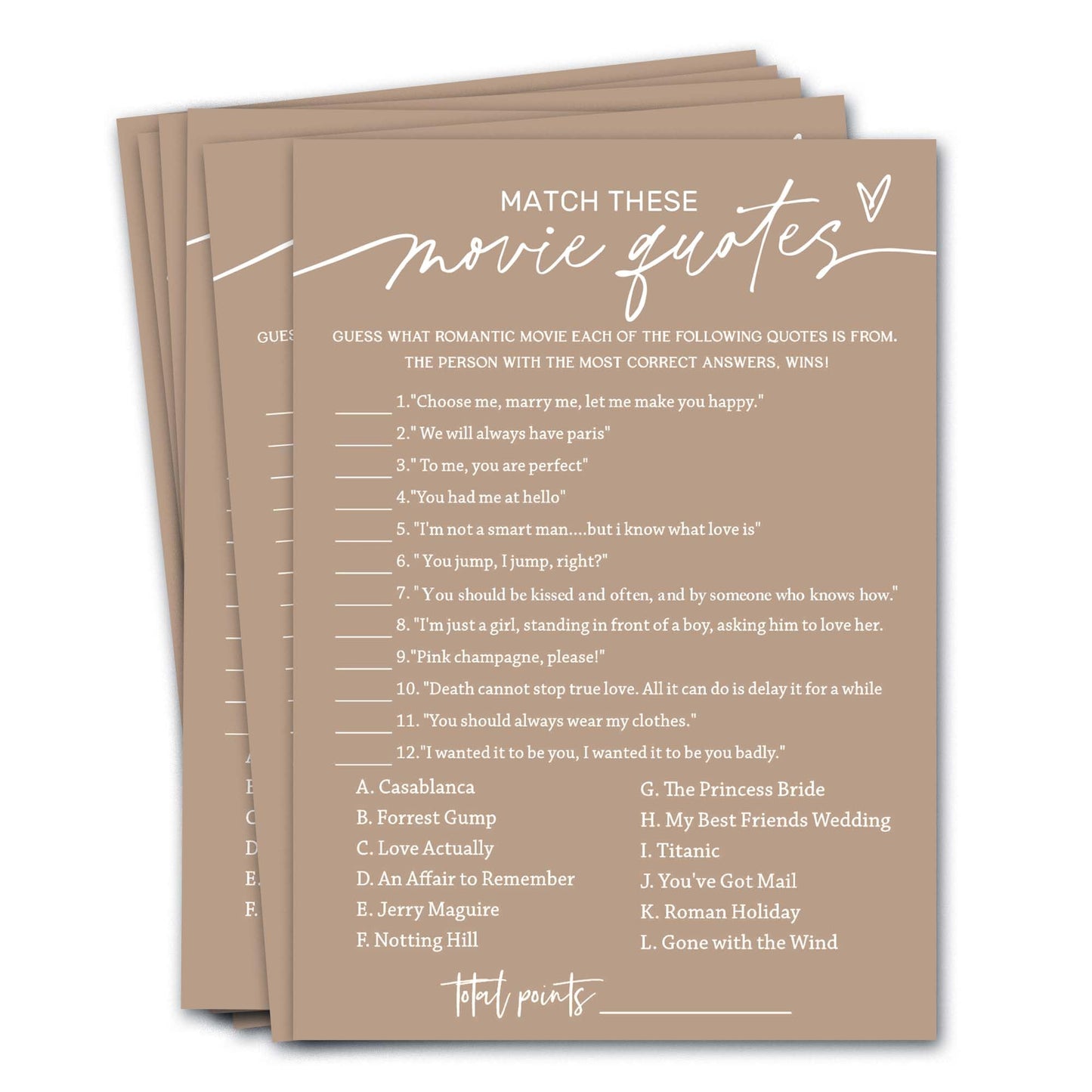 Bridal Shower Games Cards, Match These Movie Quotes, 25 Game Cards With 1 Answer Card, Engagement Party Wedding Games For Guests