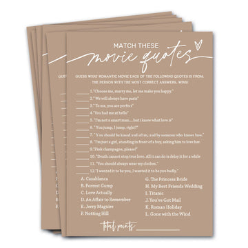 Bridal Shower Games Cards, Match These Movie Quotes, 25 Game Cards With 1 Answer Card, Engagement Party Wedding Games For Guests