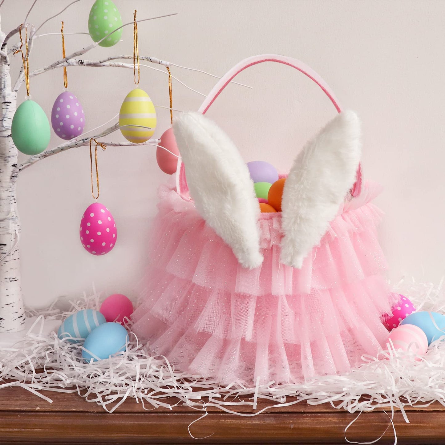 Bunny Chorus Tutu Easter Basket, Pink Ruffled Shining Tulle With Fluffy Bunny Ears, Easter Theme Party Favors Stuffers Gifts For