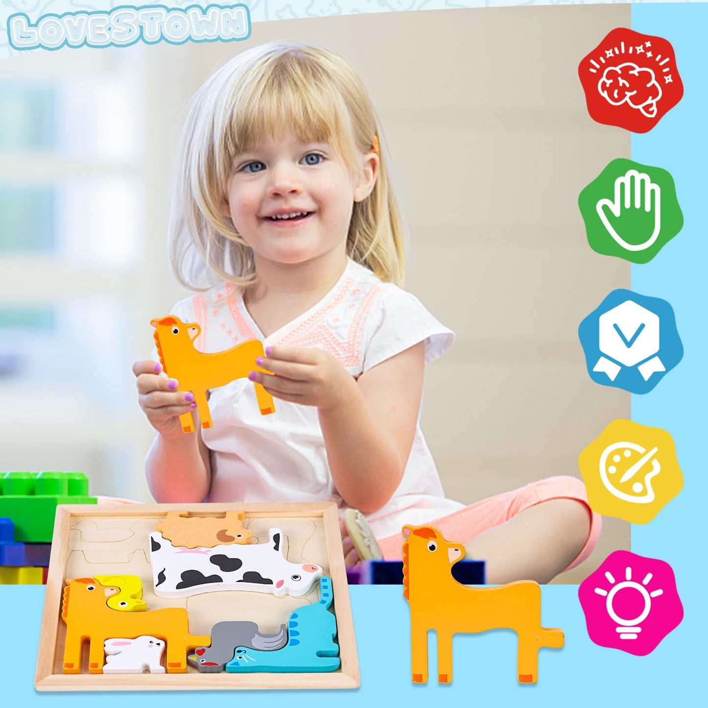 Lovestown Wooden Stacking Puzzles For Kids, Farm Animal Chunky Jigsaw, Educational Learning Toy, 12 Pcs