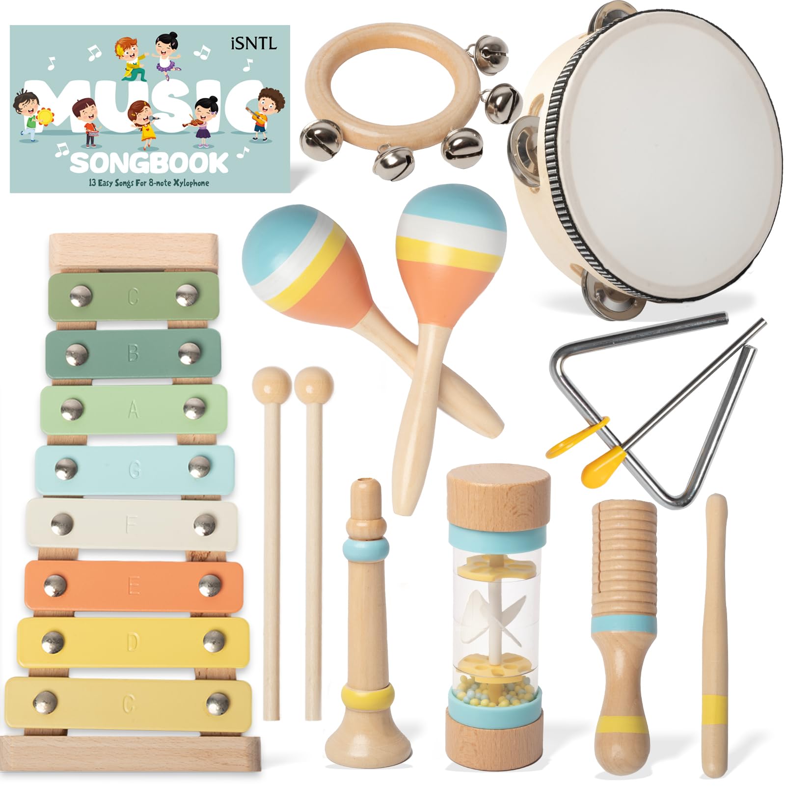 Baby Musical Instruments - Wooden Montessori Toys for Toddlers,Modern Boho Xylophone Includes Songbook with 13 Kids Songs,Neutr