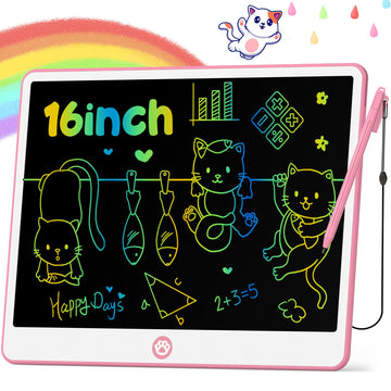 Hockvill Lcd Writing Tablet For Kids 16 Inch, Toys For Girls Boys Drawing Pad For 3 4 5 6 7 Year Old Kids Toys, Easter Basket Stuffer For Kids, Toddler Doodle Board Travel Essentials - Pink
