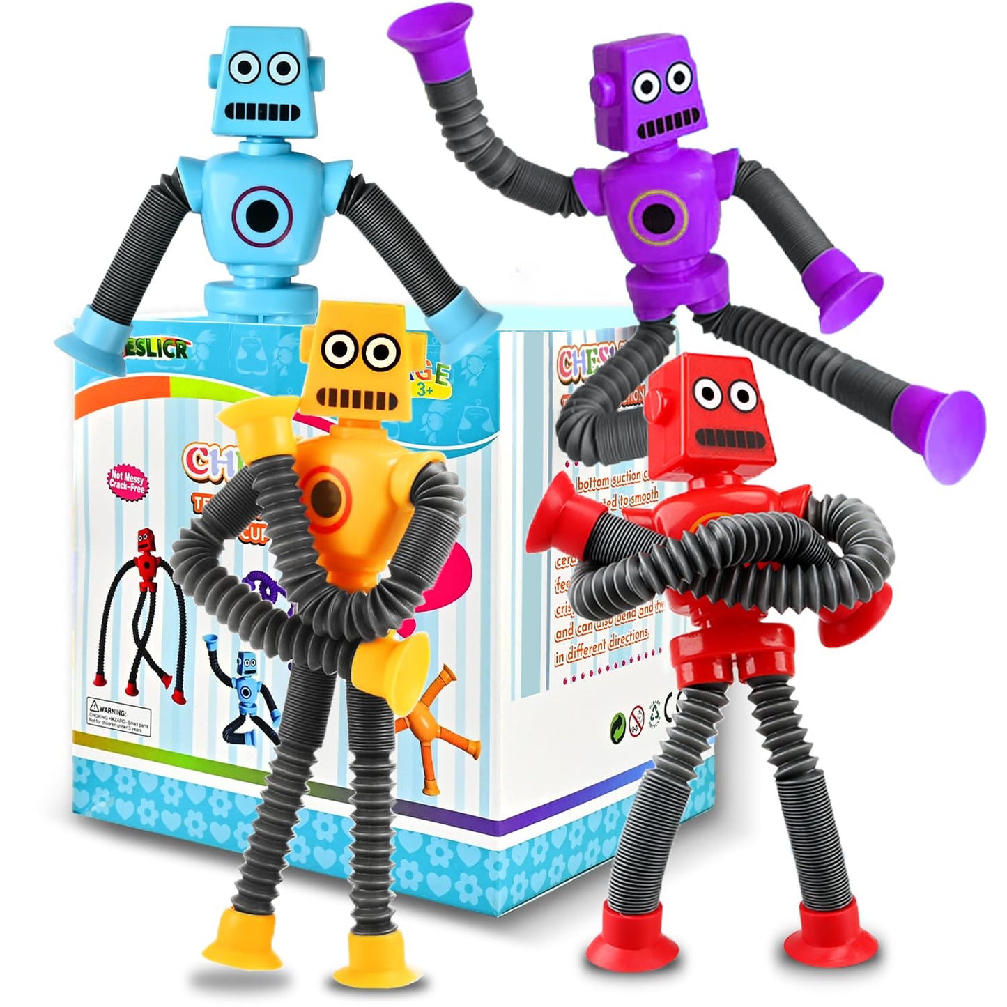 Cheslicr Autism Sensory Toys For Kid Boys Year Old Ages 4 5 6 7 8 9 10(4Pcs), Suction Robot Toy Pop Tube Fidget Toys Autistic Tr