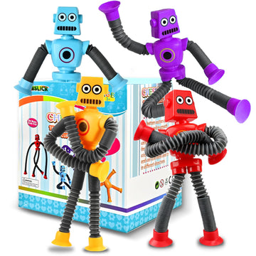 Cheslicr Autism Sensory Toys For Kid Boys Year Old Ages 4 5 6 7 8 9 10(4Pcs), Suction Robot Toy Pop Tube Fidget Toys Autistic Tr