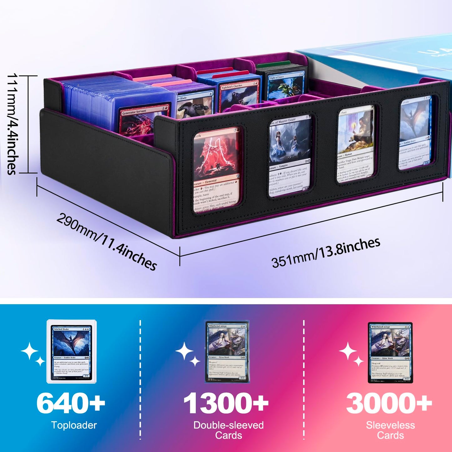 Uaono Trading Card Storage Box With Commander Display; 2400+ Deck Box For Mtg With Removable Cover; Toploader Card Case Fits Magic Tcg Ptcg Sports Cards; 24 Dividers, 4 Stoppers (Black, Purple)