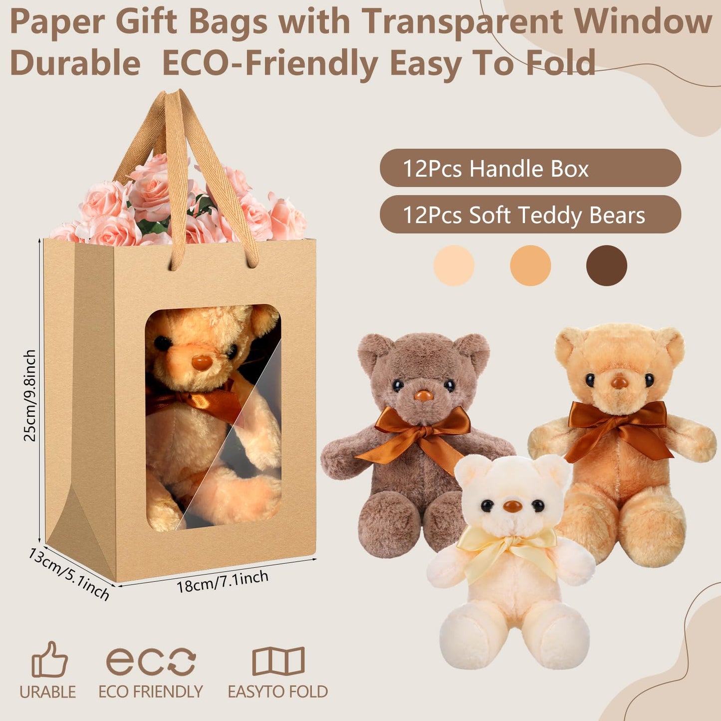 Shappy 12 Pack Cute Bear Gift Bulk Bear Animals Set With Paper Bags 12 Inch Soft Party Favors For Birthday Thanksgiving Christmas Valentines(Kraft)