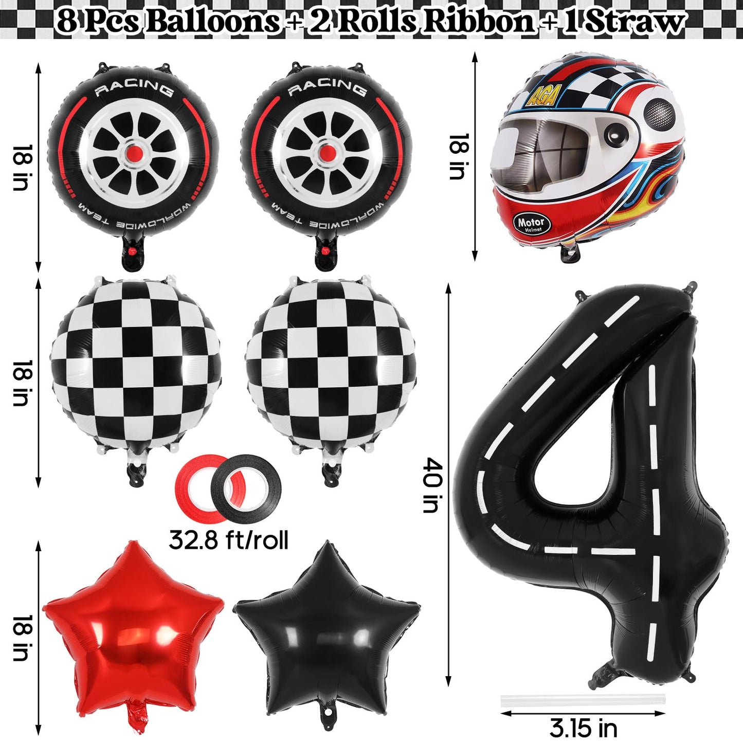 Race Car 4 Balloons, 40 Inch Racetrack Number 4 Balloon, Large Foil Mylar Racetrack Black 4 Balloon For 4 Year Old Birthday Race