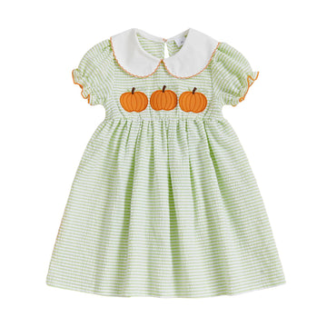 Toddler Girl Back To School Clothes Embroidery Smocked Dress Doll Collar Sundress First Day Of Pre Kindergarten Outfit (Pumpkin-