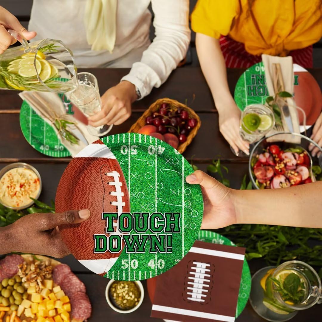 Football Party Supplies Kit Serve 24,Includes Dinner Plates, Dessert Plates, Napkins, Cups,Banner And Touchdown Tablecloth For F