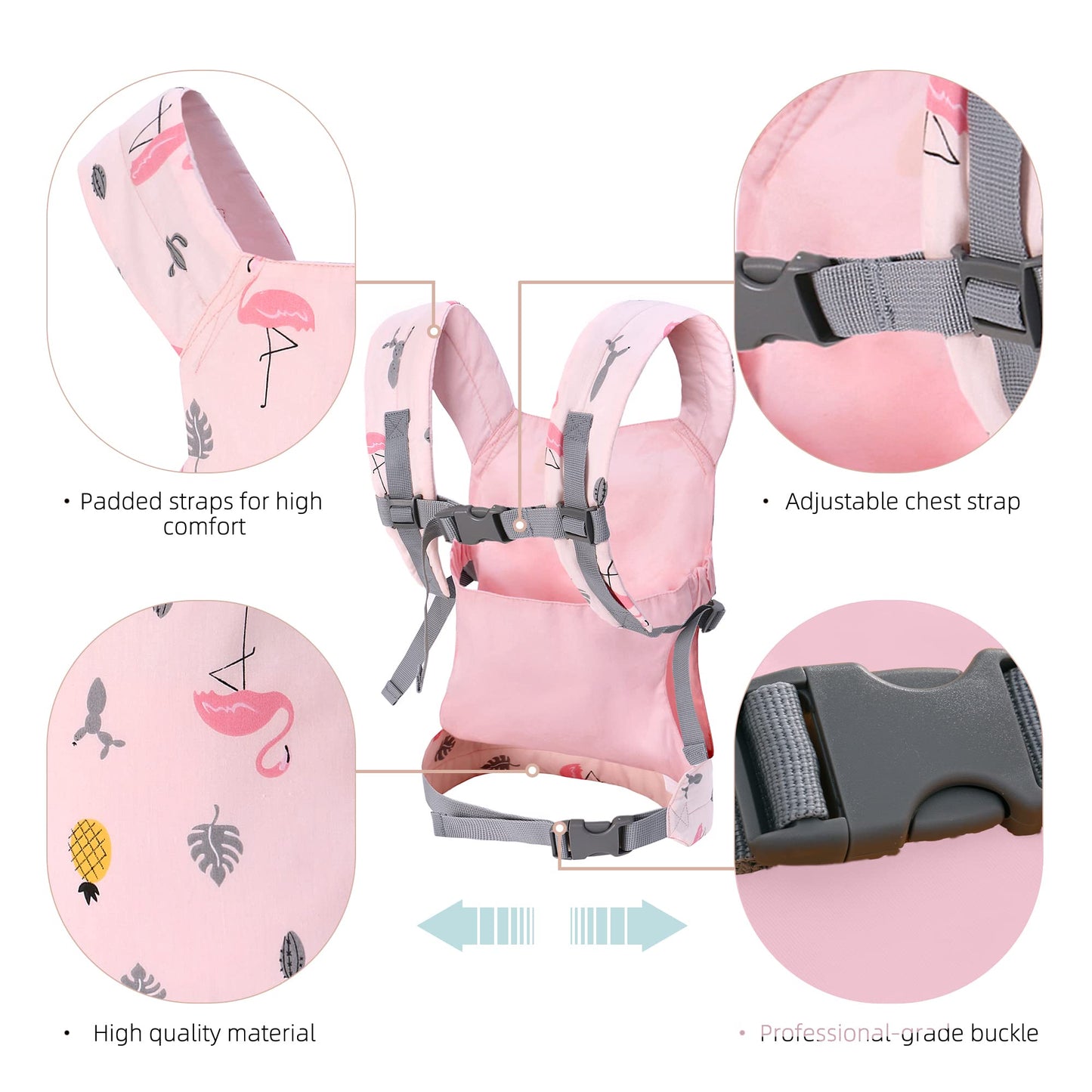 Baby Doll Carrier Front and Back Baby Doll Accessories Backpack Kid Toddlers Play Toy Baby Carriers for Babydoll Pretend with Adjustable Straps for Little Girls (Flamingo)