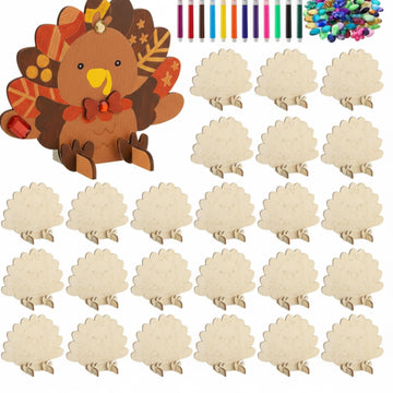 Blueweenly 48 Set Fall Thanksgiving Sitting Turkey Craft Kit for Kids DIY 3D Wooden Turkey Painting Kit with Watercolor Pens Acr