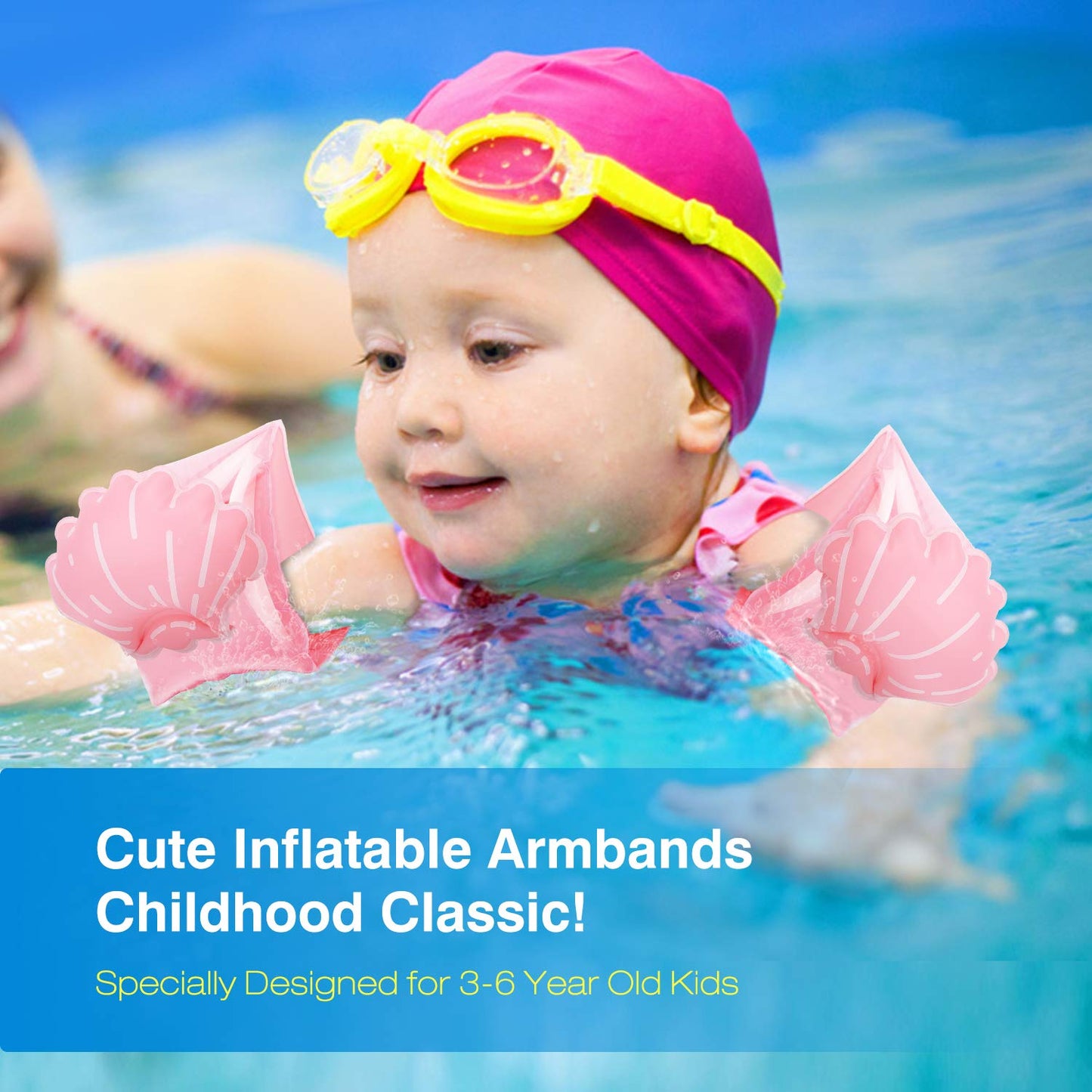 MoKo Swim Arm Bands for Kids - Inflatable Pool Floats Sleeves, Cute Cartoon Design, Scallop Color