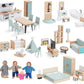 Giant bean 36pcs Wooden Dollhouse Furniture Set 5 Rooms 4 Family Dolls  Wood and Plastic Blue Dollhouse Accessories  Pretend Play Furniture Toys Christmas Birthday Gift for Boys Girls Kids Toddlers 3+