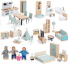 Giant bean 36pcs Wooden Dollhouse Furniture Set 5 Rooms 4 Family Dolls  Wood and Plastic Blue Dollhouse Accessories  Pretend Play Furniture Toys Christmas Birthday Gift for Boys Girls Kids Toddlers 3+