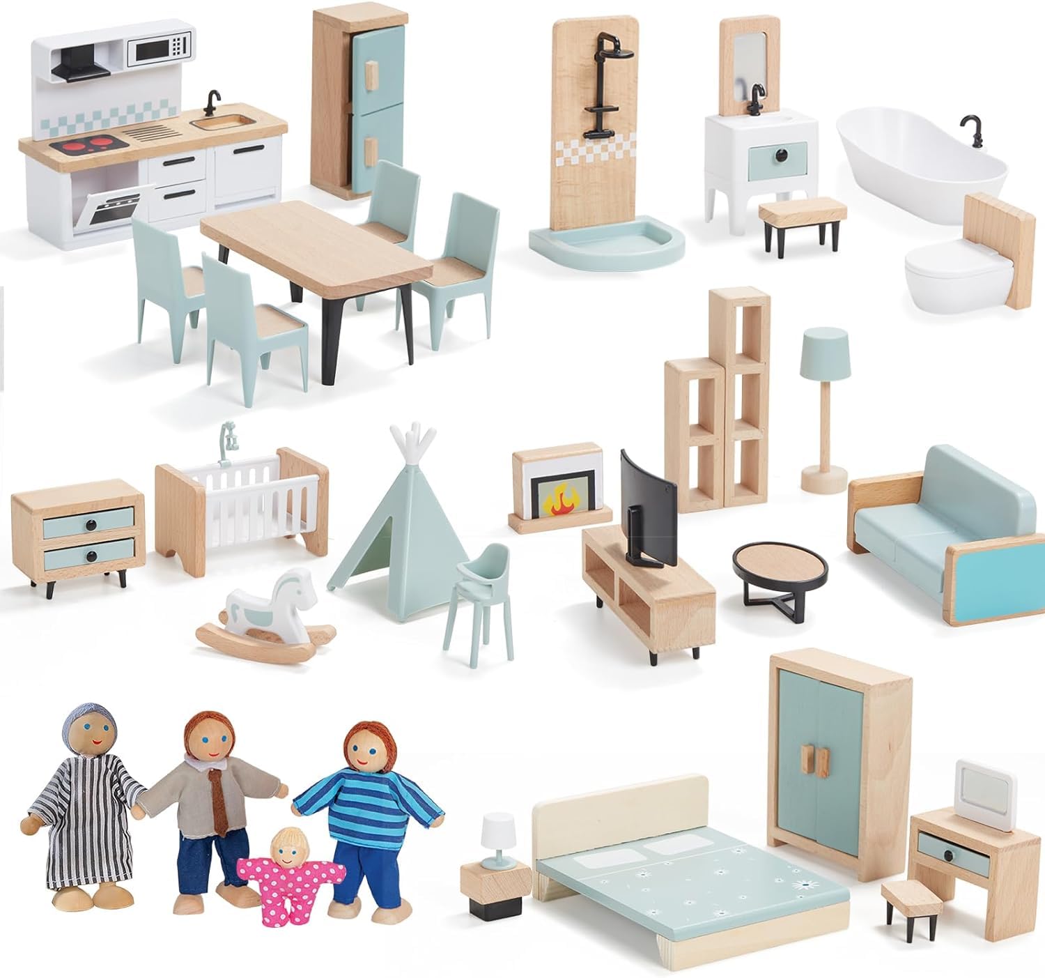 Giant bean 36pcs Wooden Dollhouse Furniture Set 5 Rooms 4 Family Dolls  Wood and Plastic Blue Dollhouse Accessories  Pretend Play Furniture Toys Christmas Birthday Gift for Boys Girls Kids Toddlers 3+