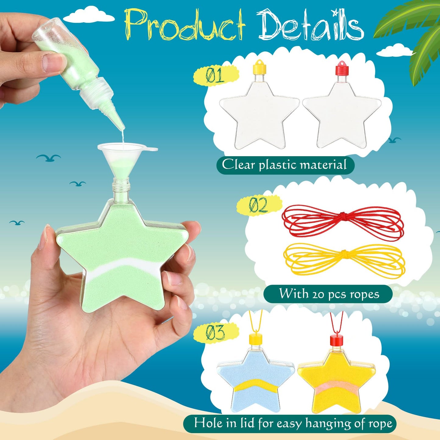 Yinlin 65 Pieces Sand Art Bottle Necklaces for Party Favors 20 Bottles 40 Colored Sand Bulk 5 Funnels Art Crafts Kit for DIY Bir