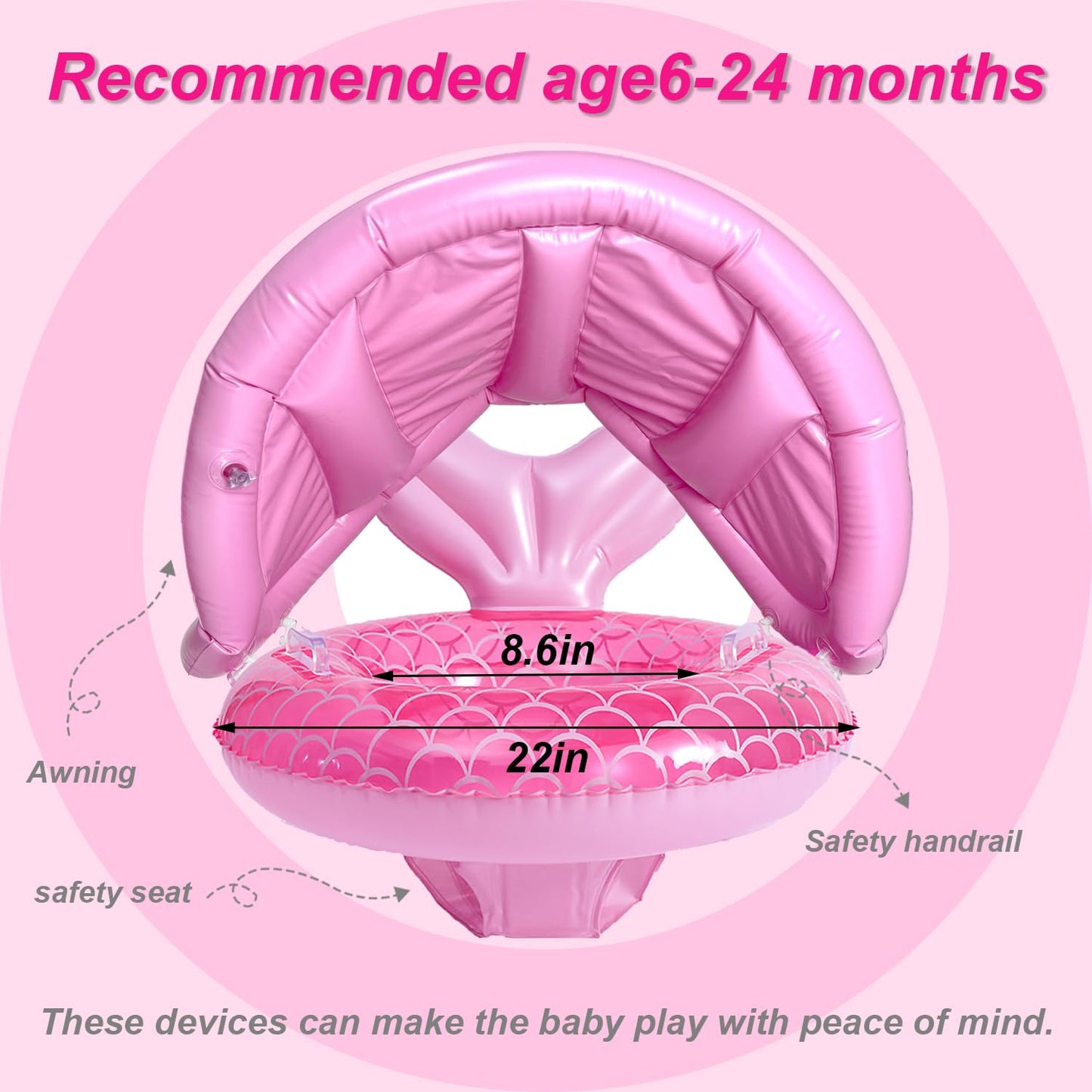 ZEYGLXC Mermaid Baby Swimming Pool Float with Canopy, Inflatable Swim Ring for 6-48 Months, 8.6"x22", Plastic, Rings + Canopy