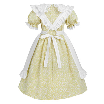 Ltakk Pioneer Dress Girls Colonial Costume Prairie Pilgrim Girl Dresses With Ruffled Pinafore, Olive Yellow, Xl, Age Over 4 Year