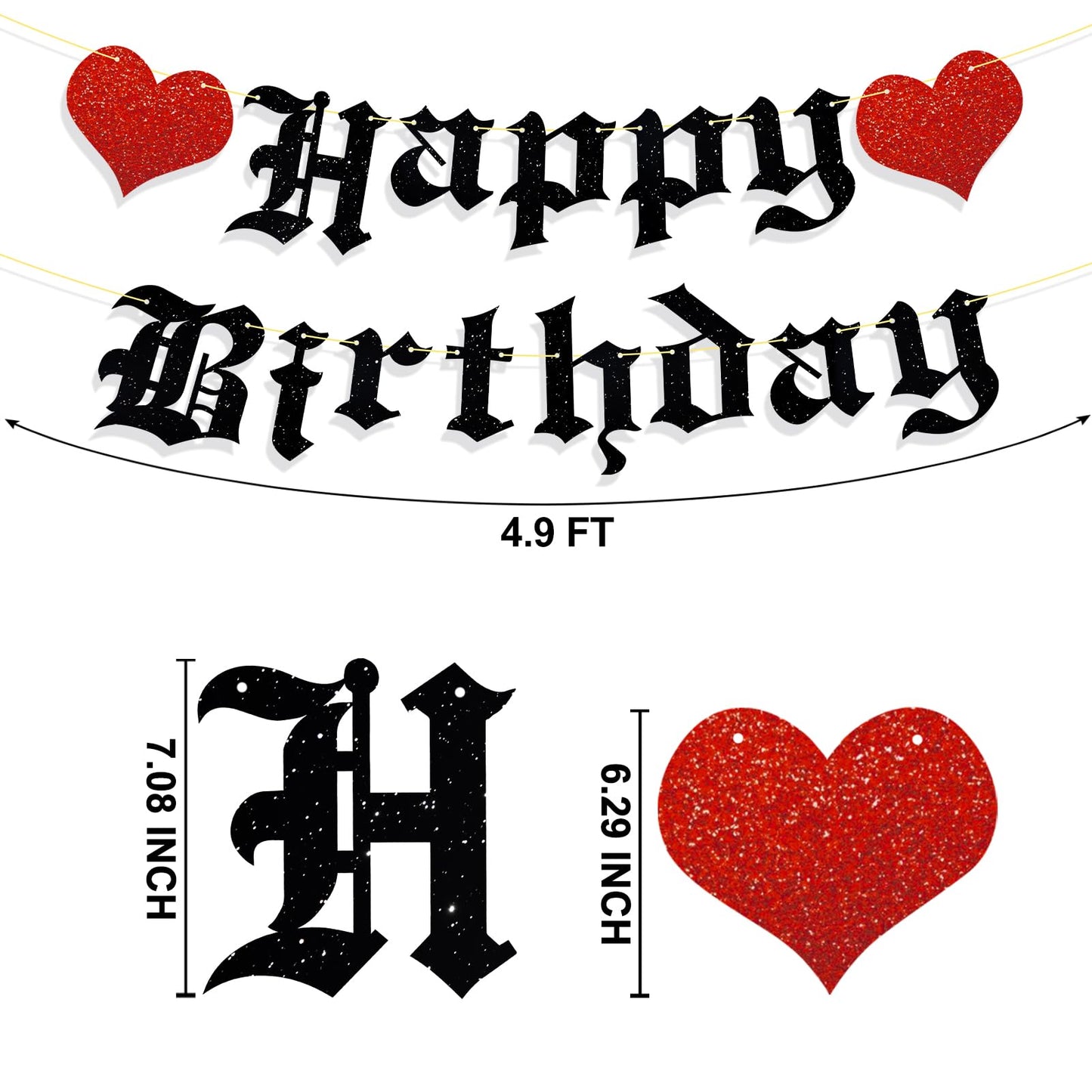 Ushinemi Pre-Strung Goth Birthday Decorations, No Diy Gothic Happy Birthday Banner Glitter Funeral Birthday Party Supplies