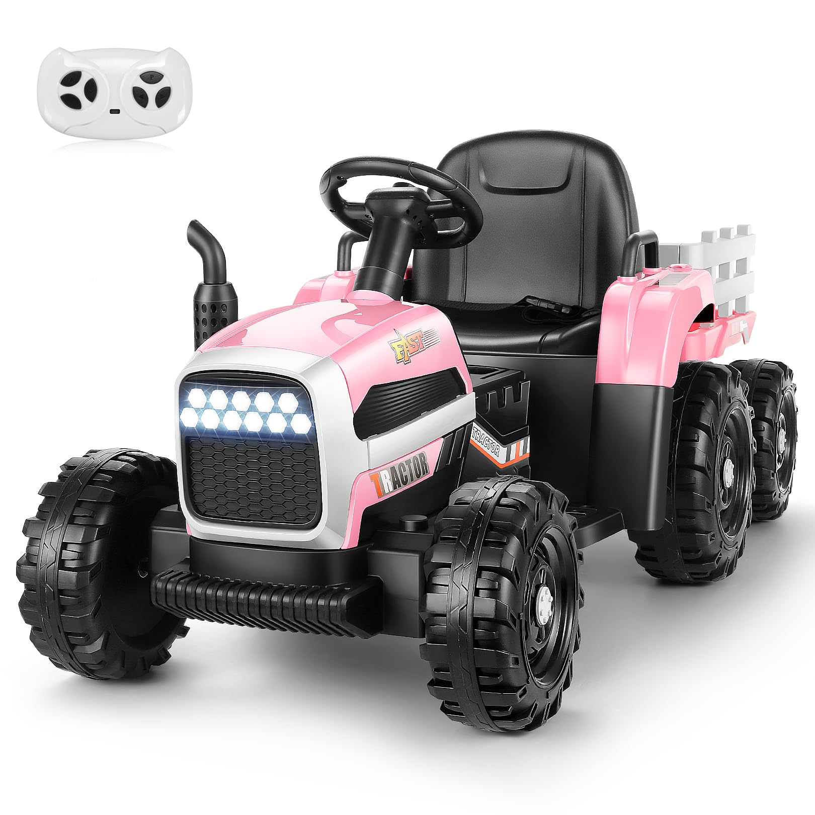 Hikole Ride on Tractor with Trailer, Kids Electric Tractor with Remote Control, Detachable Trailer, 11-LED Headlights, 30W Dual 