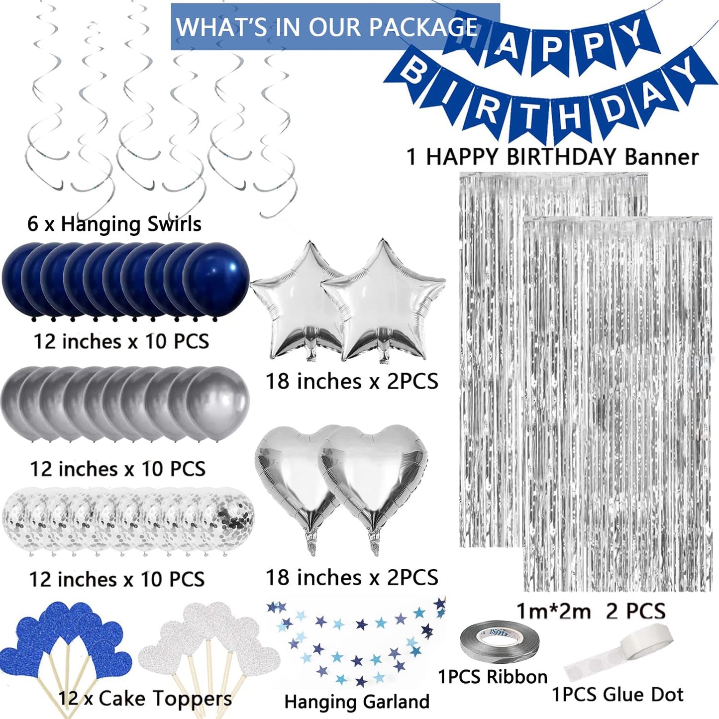 Birthday Decorations For Men, Blue Birthday Party Decorations For Him Her Men Women Boys Girls, Happy Birthday Balloons For Part