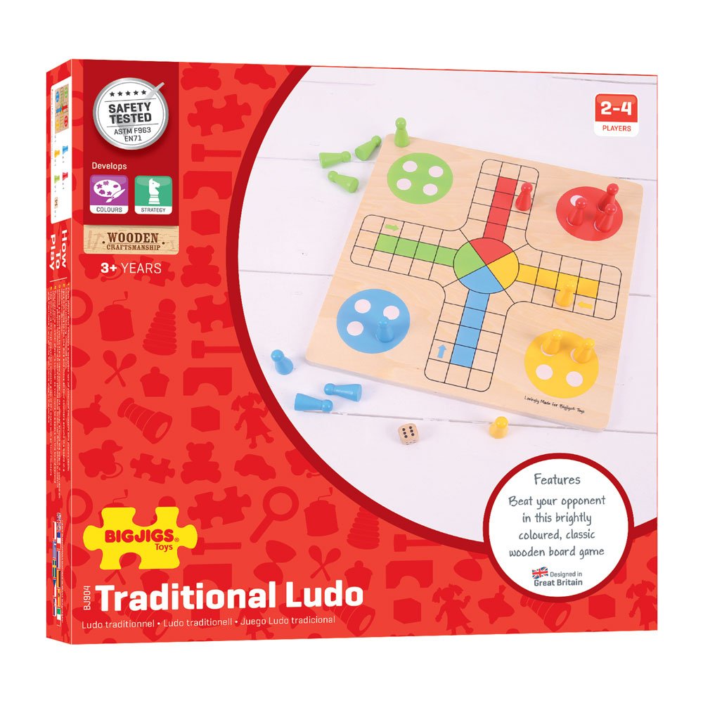 Bigjigs Toys Traditional Ludo Game - Classic Wooden Board Game, Multicoloured, Model BJ904