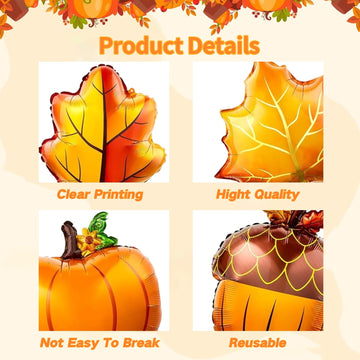 Jobkoo Fall Balloons Thanksgiving Decorations Orange Pumpkin Maple Leaf Pine Cones Mylar Foil Balloon Harvest Autumn Balloons Fo