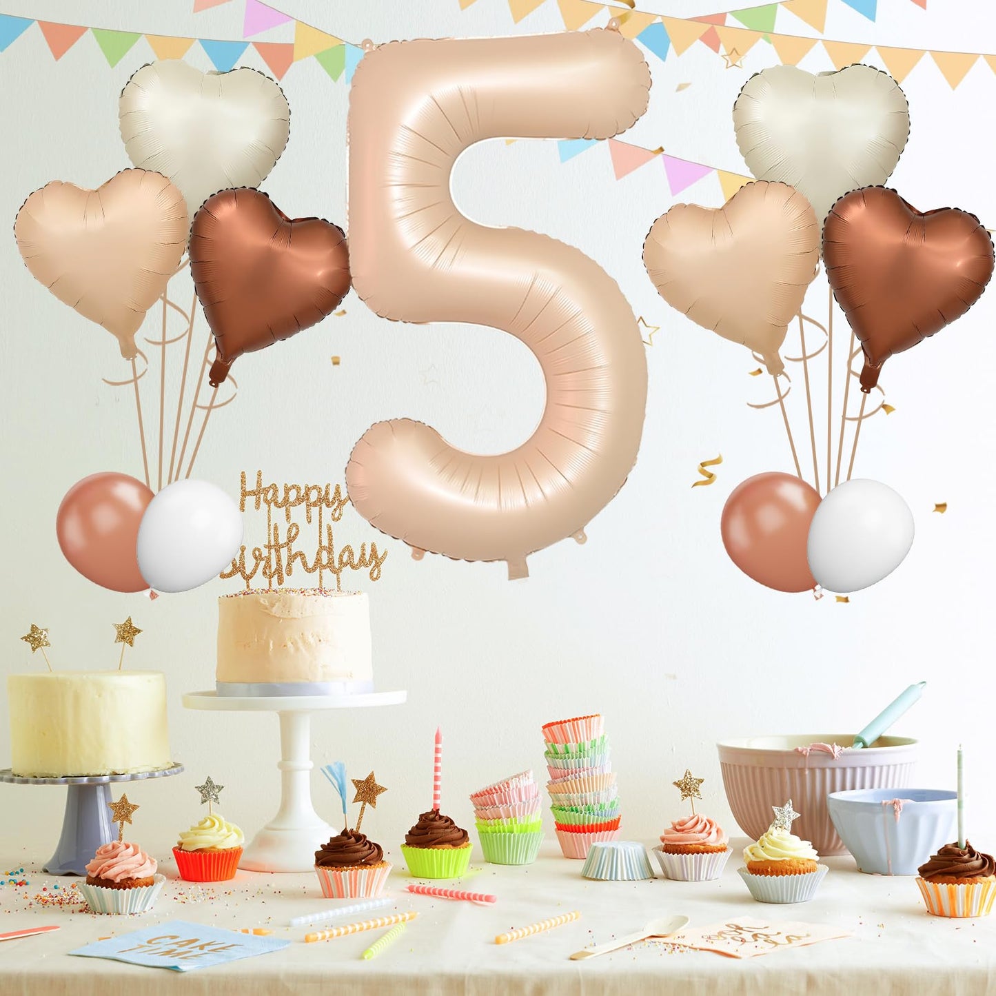Biapian 40 Inch Light Brown Number 5 Balloons, Apricot Large Number 5 Balloon With 18'' Retro Foil Heart Balloons Helium For Neu