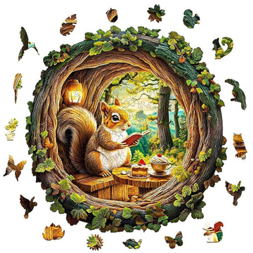 Wooden Puzzles for Adults - Squirrel in The Cave, Flat Puzzle with 3D Visual Effect, Unique Shape Wood Puzzles Adult, Good Gift 