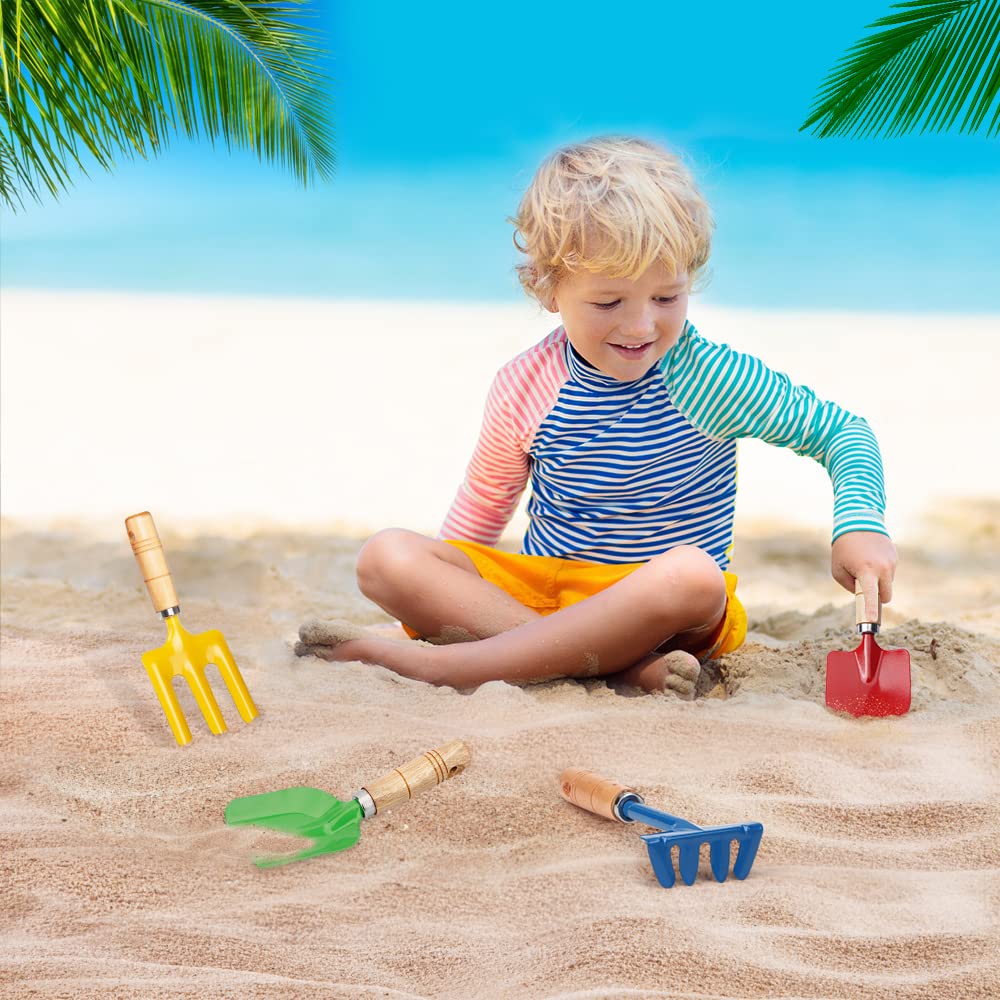 Metal Garden Tool Set with Scoop Leaf Rake  Fork Hoe Sand Toy for Kids mature-themeds  Toddler Beach Sandbox Shovels Kit  Beach Garden Gear Accessories Gift for Outdoor Digging Treasure Hunt(4PCS)