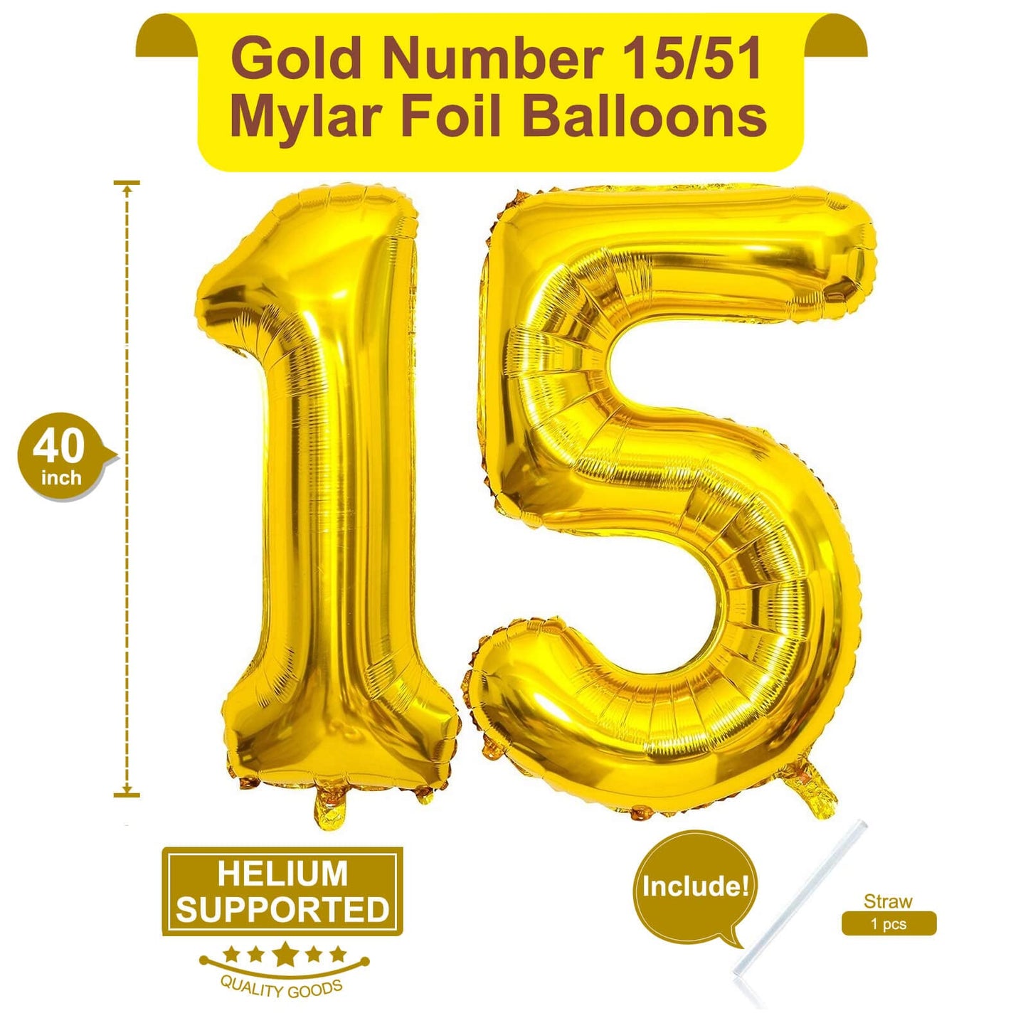 LHOAVWE 40 Inch Gold Number 15 Balloons - Aluminum 15th Birthday Party Decorations, Gold Color