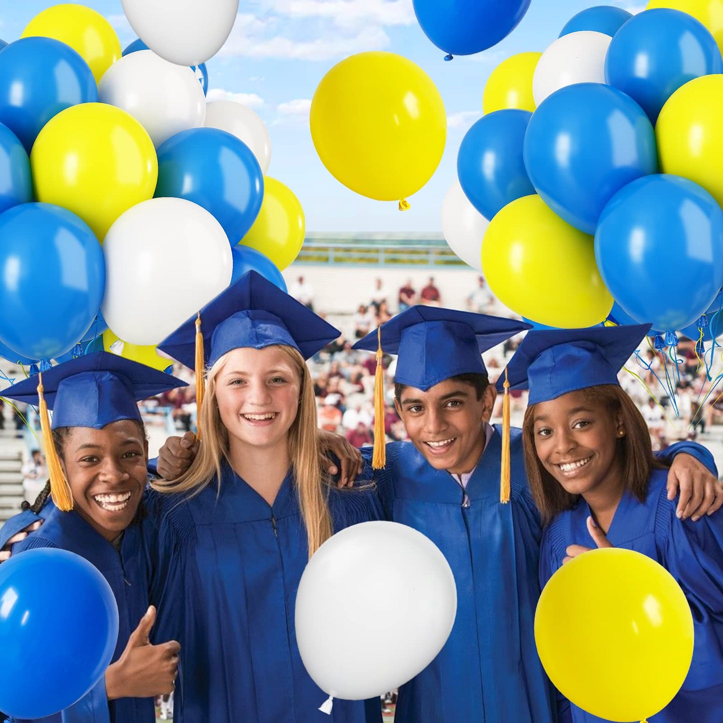 Paready Blue And Yellow Balloons, 30 Pcs 12 Inch Matte Yellow Blue And White Latex Balloons With Ribbons For Birthday Baby Showe