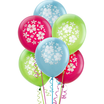 Amscan Hibiscus Fiesta Latex Balloons - 12' (Pack Of 15) - Assorted Yellow, Pink, Blue & Green Colors - Perfect For Tropical Party Decorations, Birthday & Events