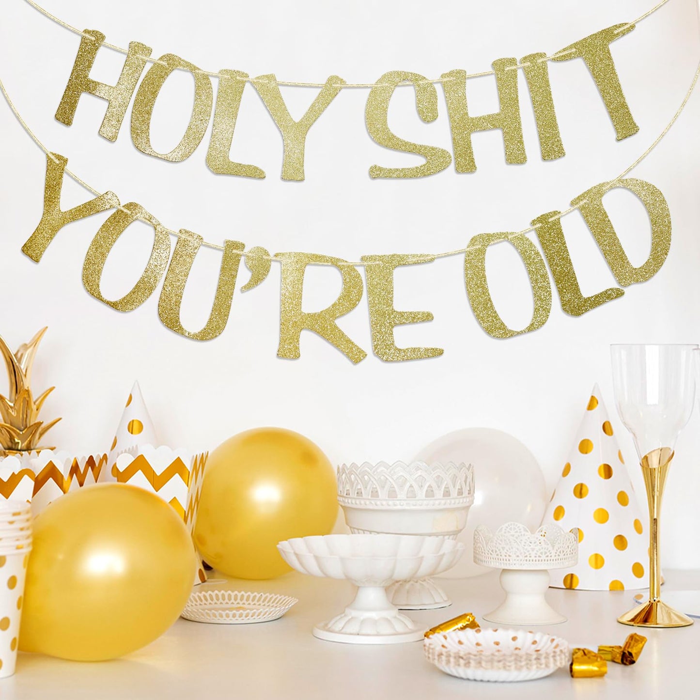 Holy Shit You'Re Old Banner Gold Glitter For 30Th 40Th 50H 60Th 70Th 80Th 90Th Funny Birthday Banner Sign Bunting Party Decor Photo Booth Props (Gold)