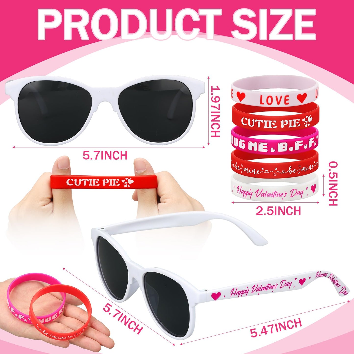 Soulchen 24 Pcs Valentines Day Gifts Bulk Pink and Red Sunglasses and Love Silicone Bracelet Galentines Day Party Favors Suppl