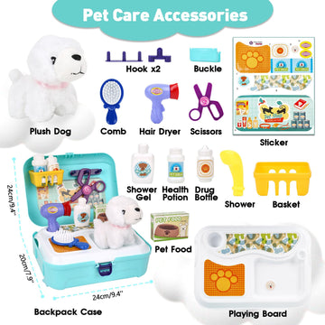 Pet Care Play Set for Kids, 16Pcs Doctor Kit Pretend Play Vet Dog Grooming & Feeding Toys with Backpack, Educational Toys for Gi