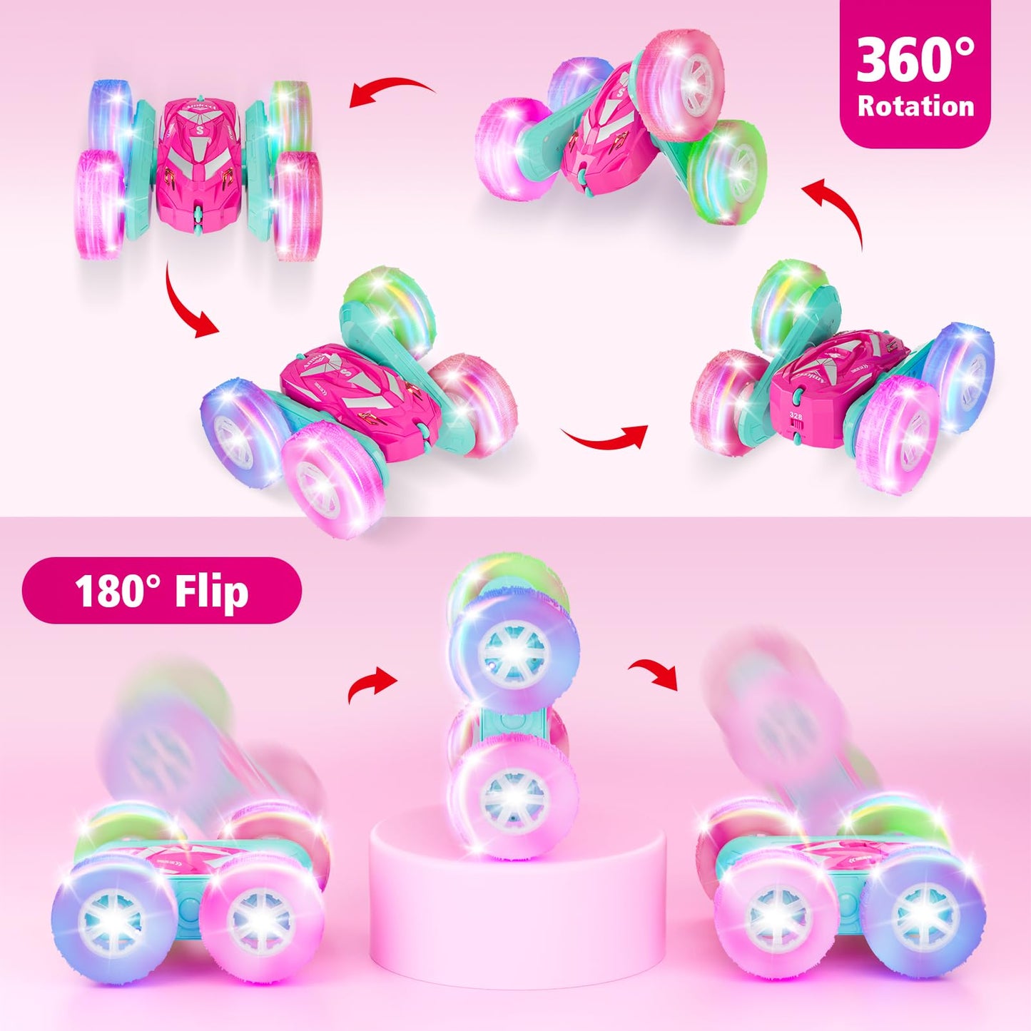 Amicool Remote Control Car for Girls 3-12 with Flashing Light, Toys 4 5 6 7 8 9 Years Old Girl Birthday Gifts Idea, RC Cars Stun