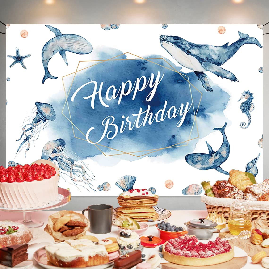 Blue Ocean Happy Birthday Backdrop Decorations Marine Animals Happy Birthday Banner Birthday Blue Ocean Photo Background For Hom