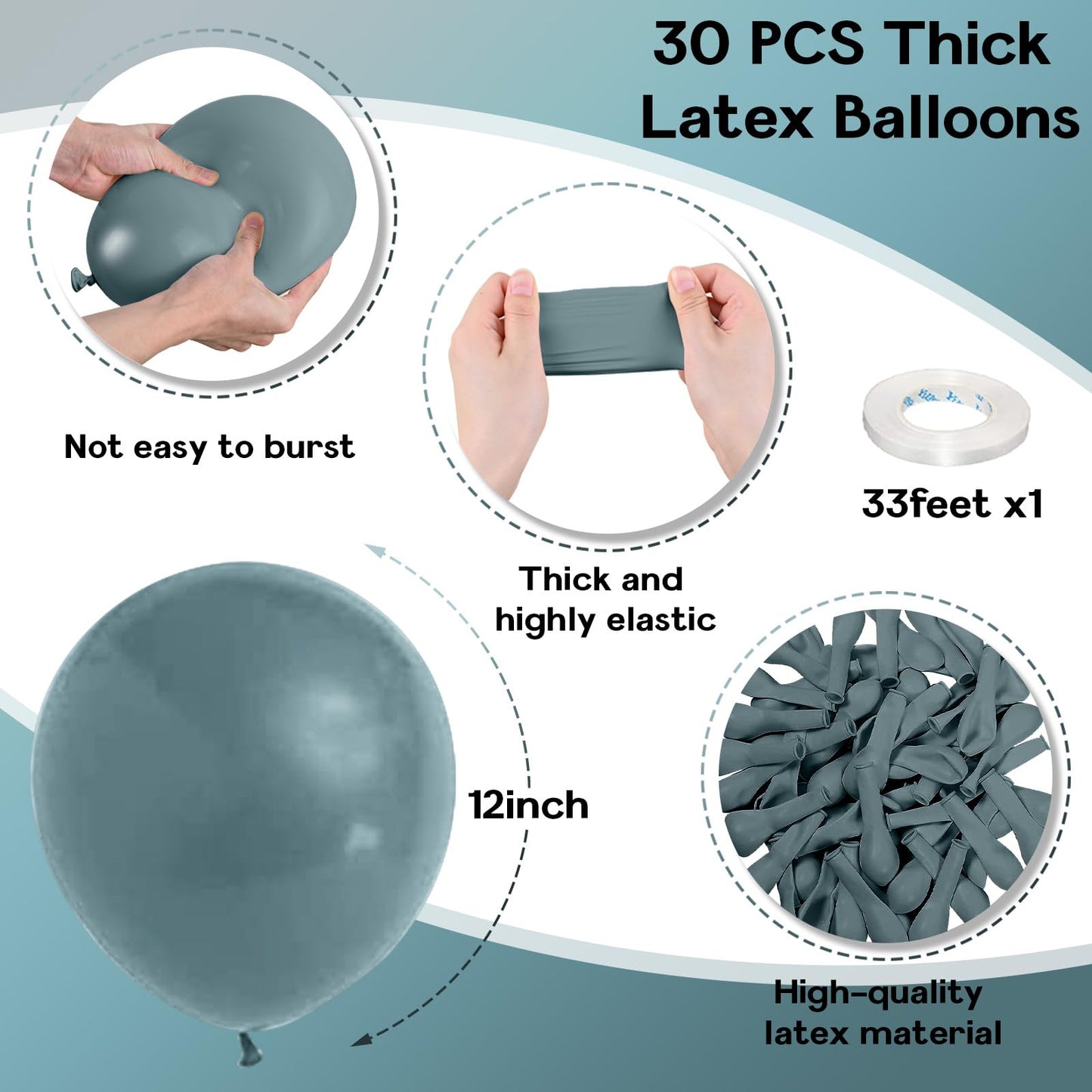 Jobkoo Slate Blue Balloons, 12 Inch 30 Pcs Dusty Blue Balloon Dark Teal Blue Latex Balloons Matte Blue Retro Sea Blue Fog Helium