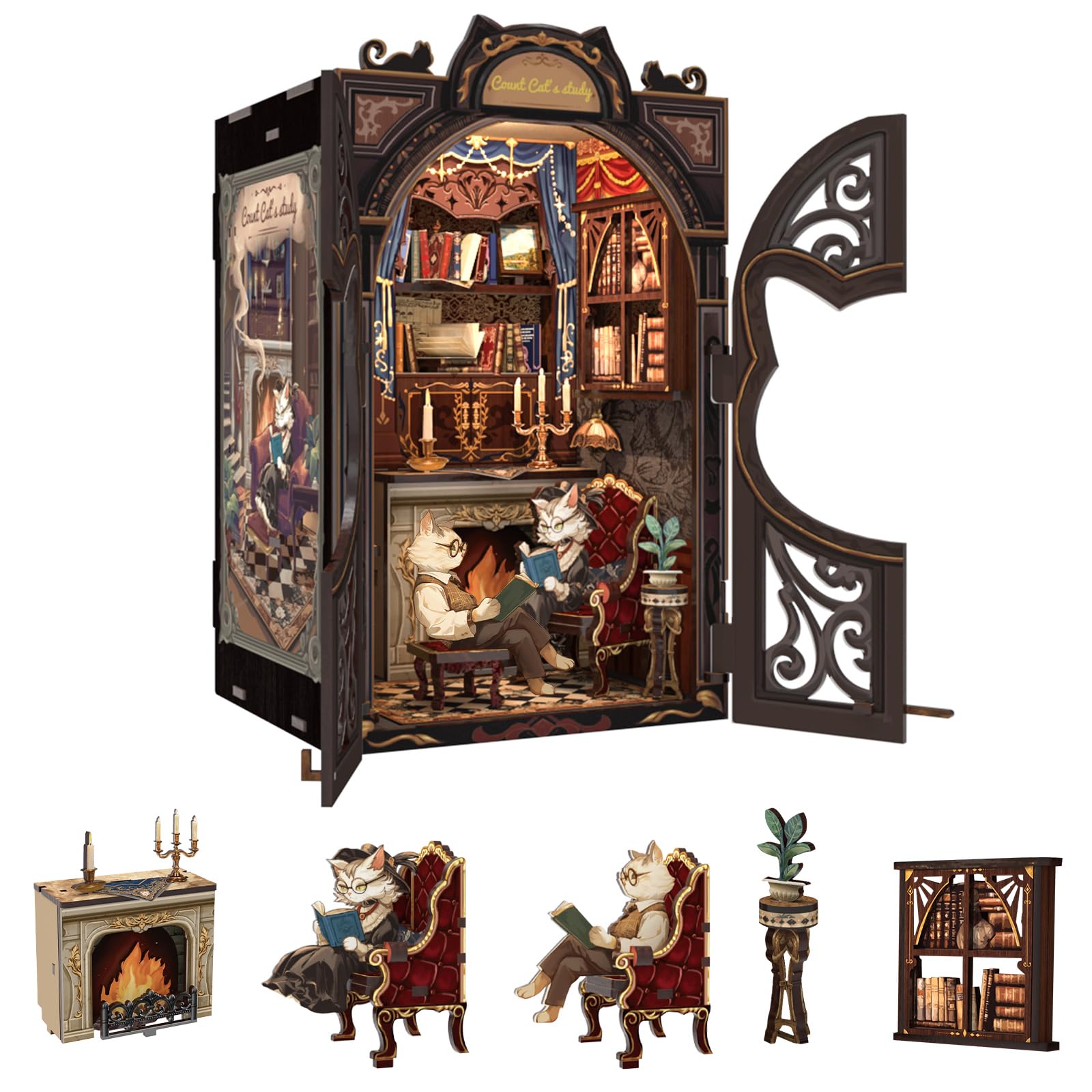 Fsolis Book Nook Kit, Diy Miniature House Room Kit For Adult Activity Puzzle Booknook Bookshelf Decor Birhday For Women Teens Craft Lovers(Count Cat'S Study)