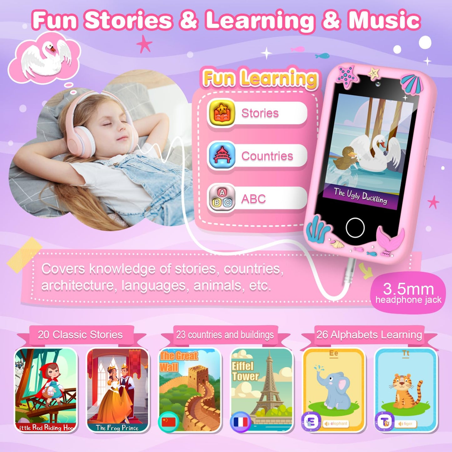 M SANMERSEN Kids Smart Phone - 2.8" Touchscreen, 32G SD Card, Dual Camera, 28 Games, Music Player - Light Pink, Age 3-10