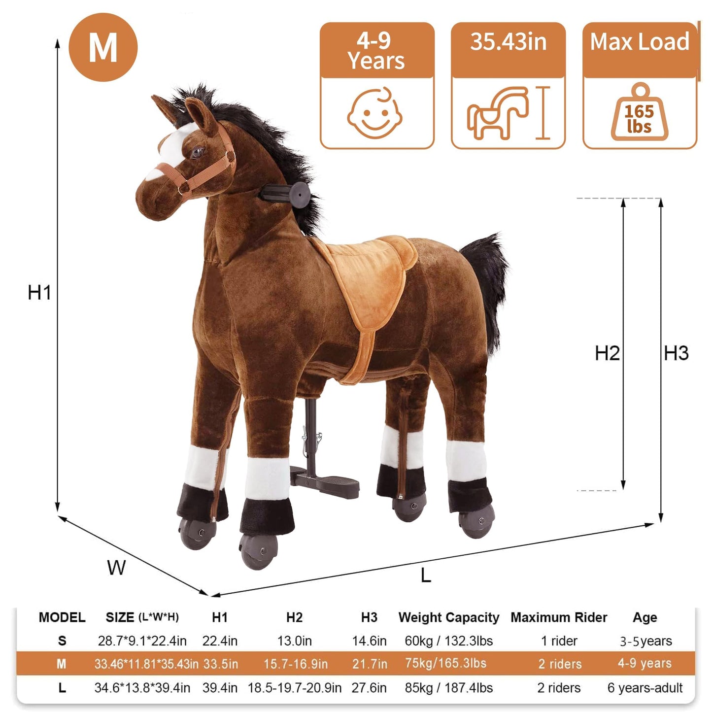 Pipleo Ride on Horse for Kids, Plush Mechanical Animal, M Size for Age 4-9, Black, No Battery, Max Load 165 LBS